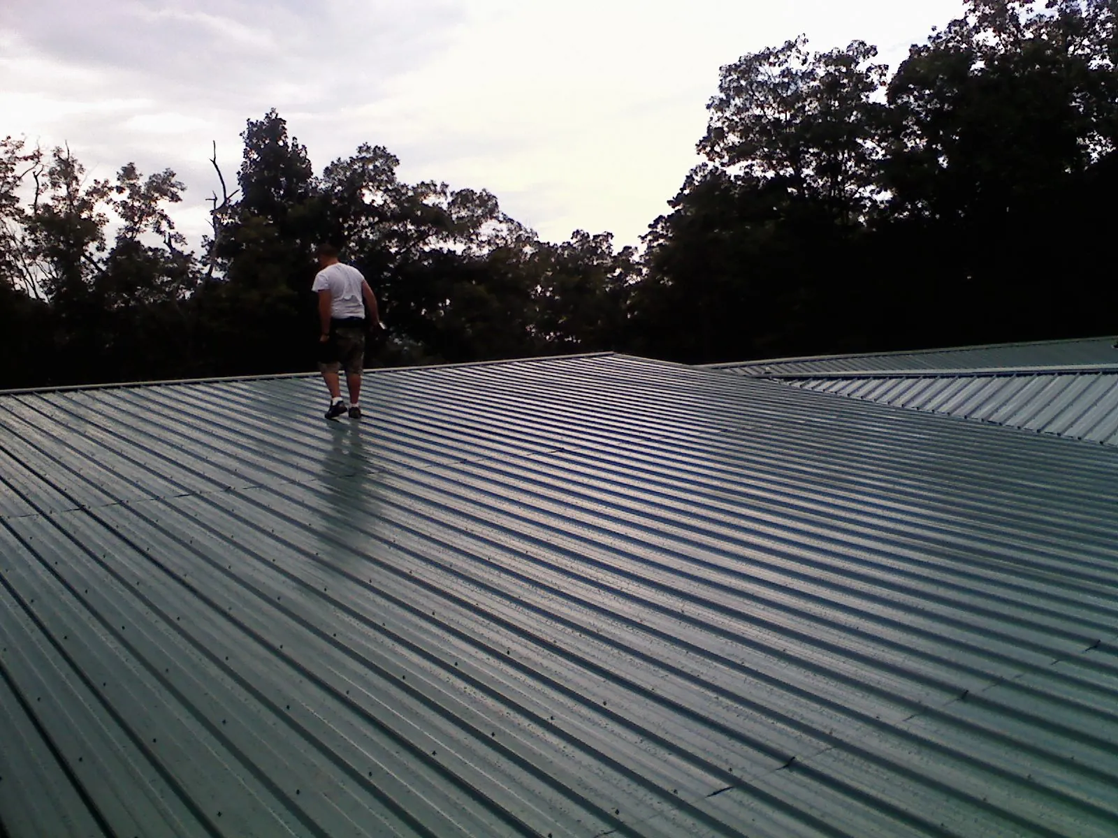 Roofer walking a wide expanse of new green metal roofing in Littleton